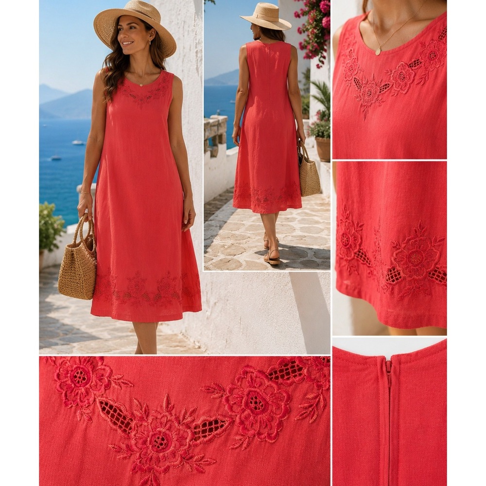 Coral Linen Blend Embroidered Midi Dress Petite 12 Boho Cottagecore Bedford Fair